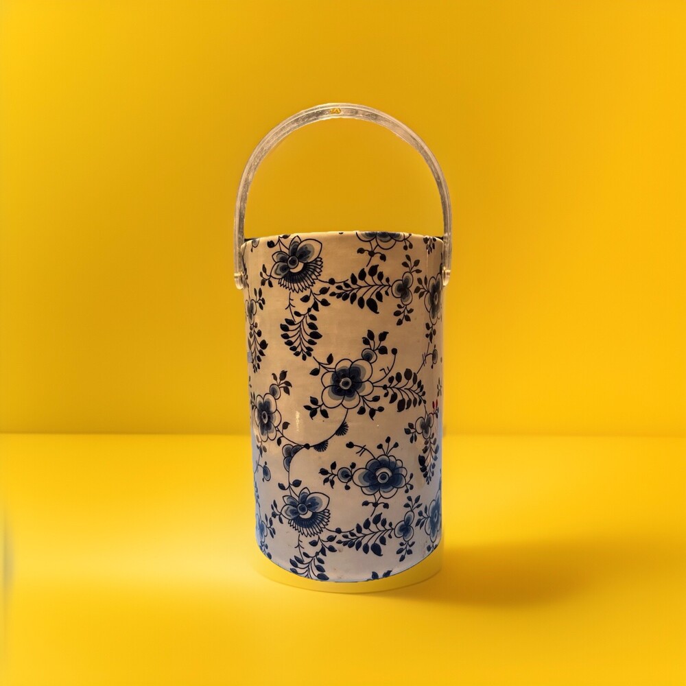 Vintage Tall White & Blue Floral Ice Bucket , Delft Blue